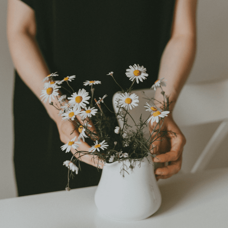 Person in black clothing reaching out to a white vase with white daisies growing out of it