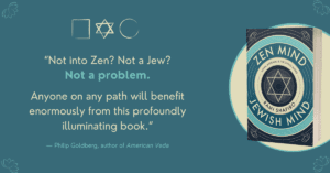 blue background with 3D book cover and review quote describing book.