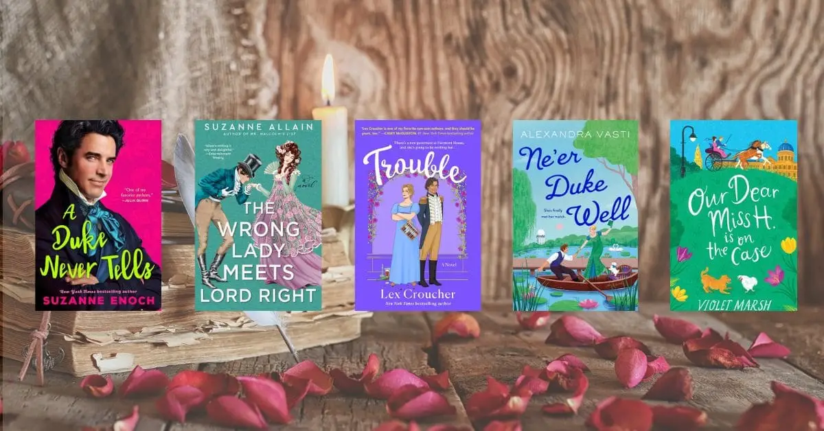 Five Regency romance book covers displayed on a rustic wooden table with rose petals, books, and a lit candle in the background.