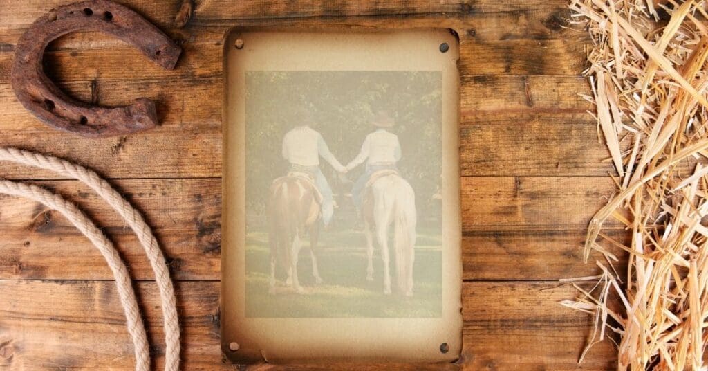 Two cowboys holding hands on horseback, framed by rope, hay, and a horseshoe.