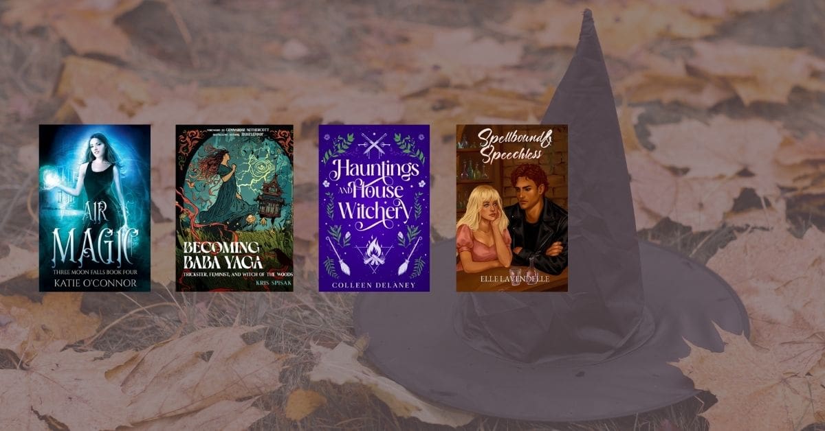 A cozy autumn scene with a black witch hat on fallen leaves, featuring four witchy book covers.