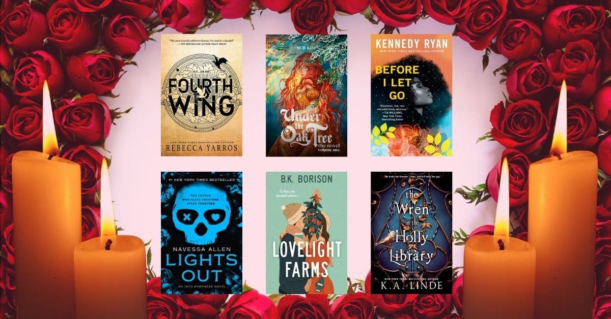 Six romance book covers surrounded by red roses and glowing candles, set against a pink background.