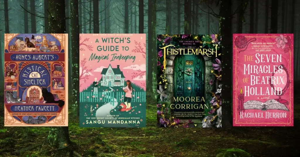 Cozy fantasy romances books against a backdrop of a misty forest