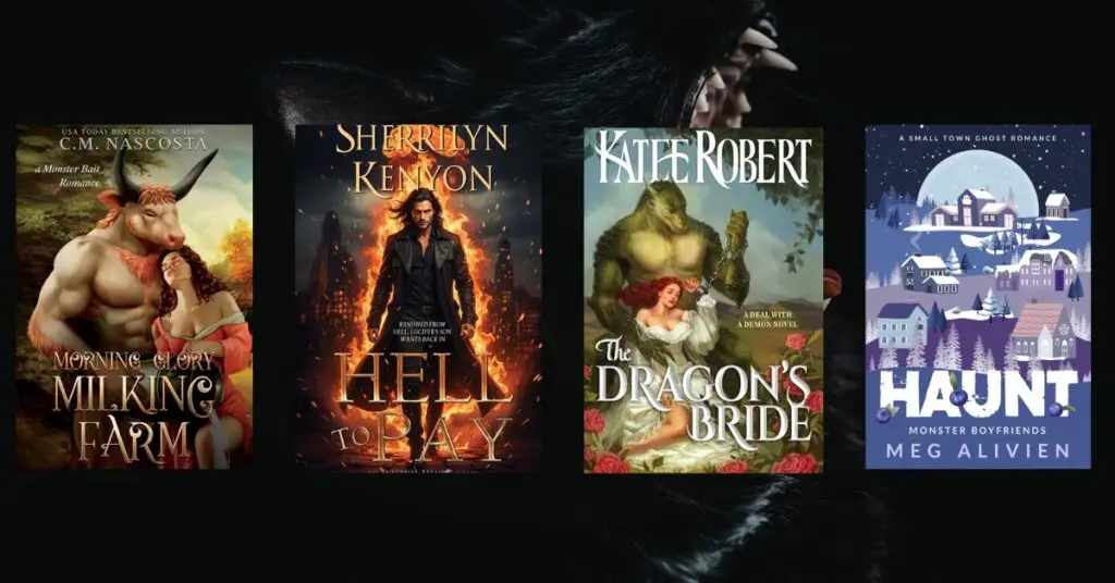 black werewolf image with four book covers on top featuring monster romance stories