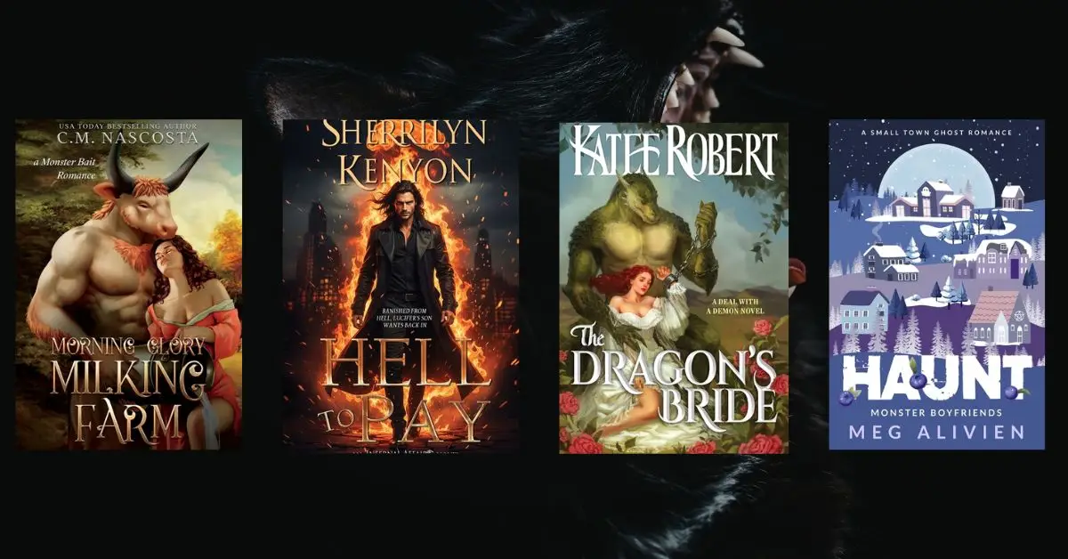 black werewolf image with four book covers on top featuring monster romance stories