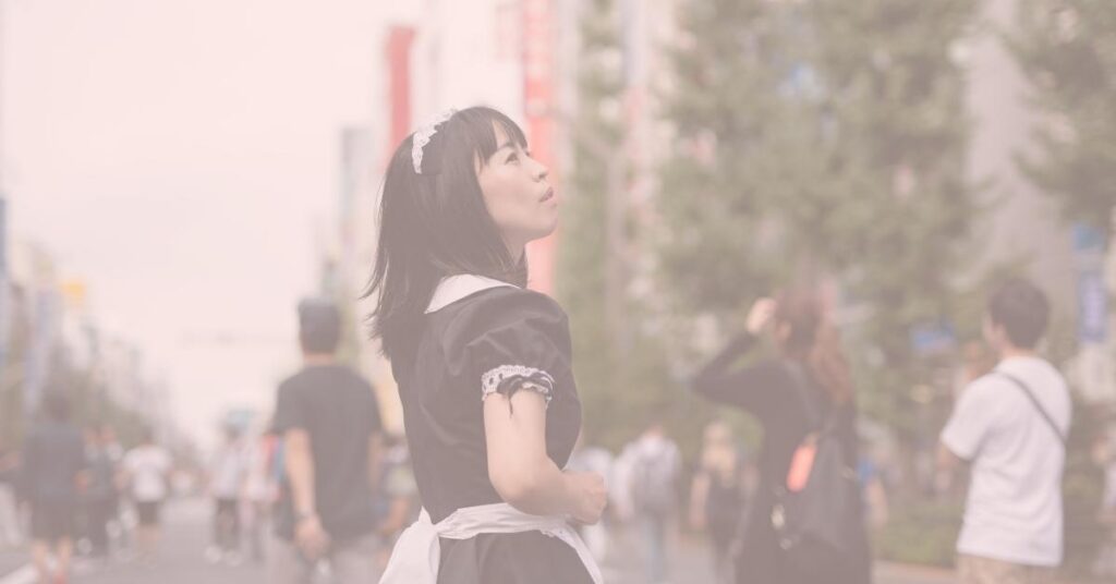 Japanese woman in Cosplay dress looks into the distance