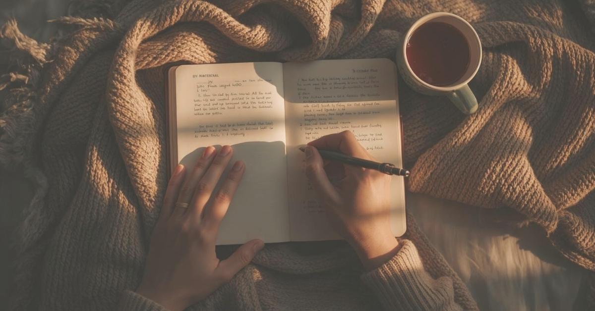 Woman writes in a journal with a blanket and cup of coffee