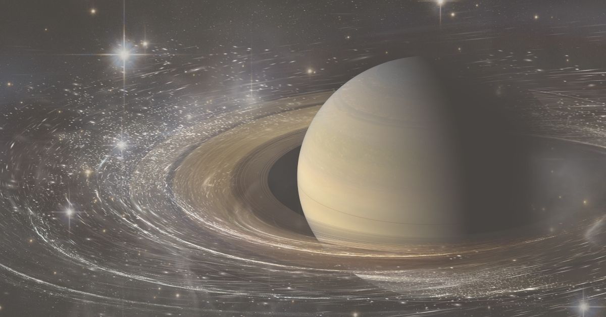 The planet Saturn and gaseous rings spinning backwards during the retrograde cycle
