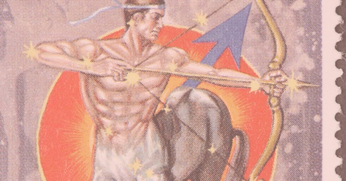 artwork featuring a centaur with a bow and arrow from a Hellenic stamp