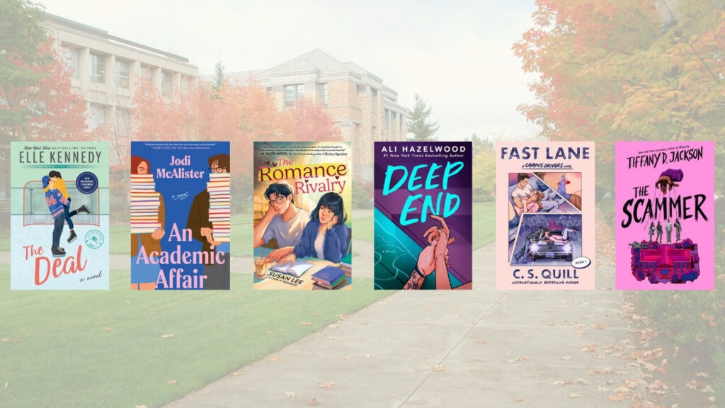 College romance book covers with collage campus in background