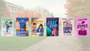 College romance book covers with collage campus in background