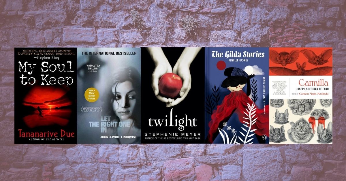 Book covers for the vampire books My Soul to Keep, Let the Right One In, Twilight, Gilda Stories and Carmilla