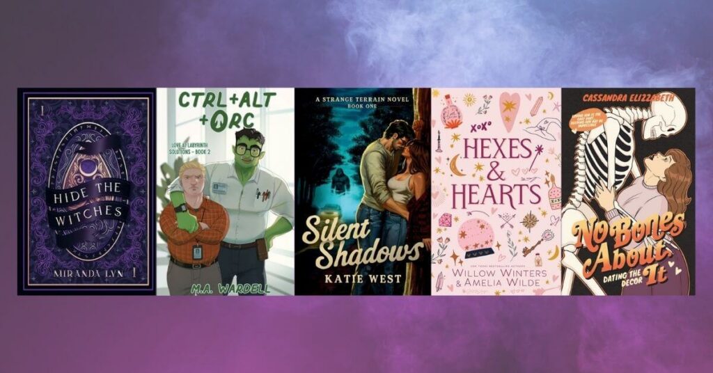Fall romance book covers for CTRL + ALT + ORC, Silent Shadows, Hexes & Hearts, Flirty Fall Fling and No Bones About It